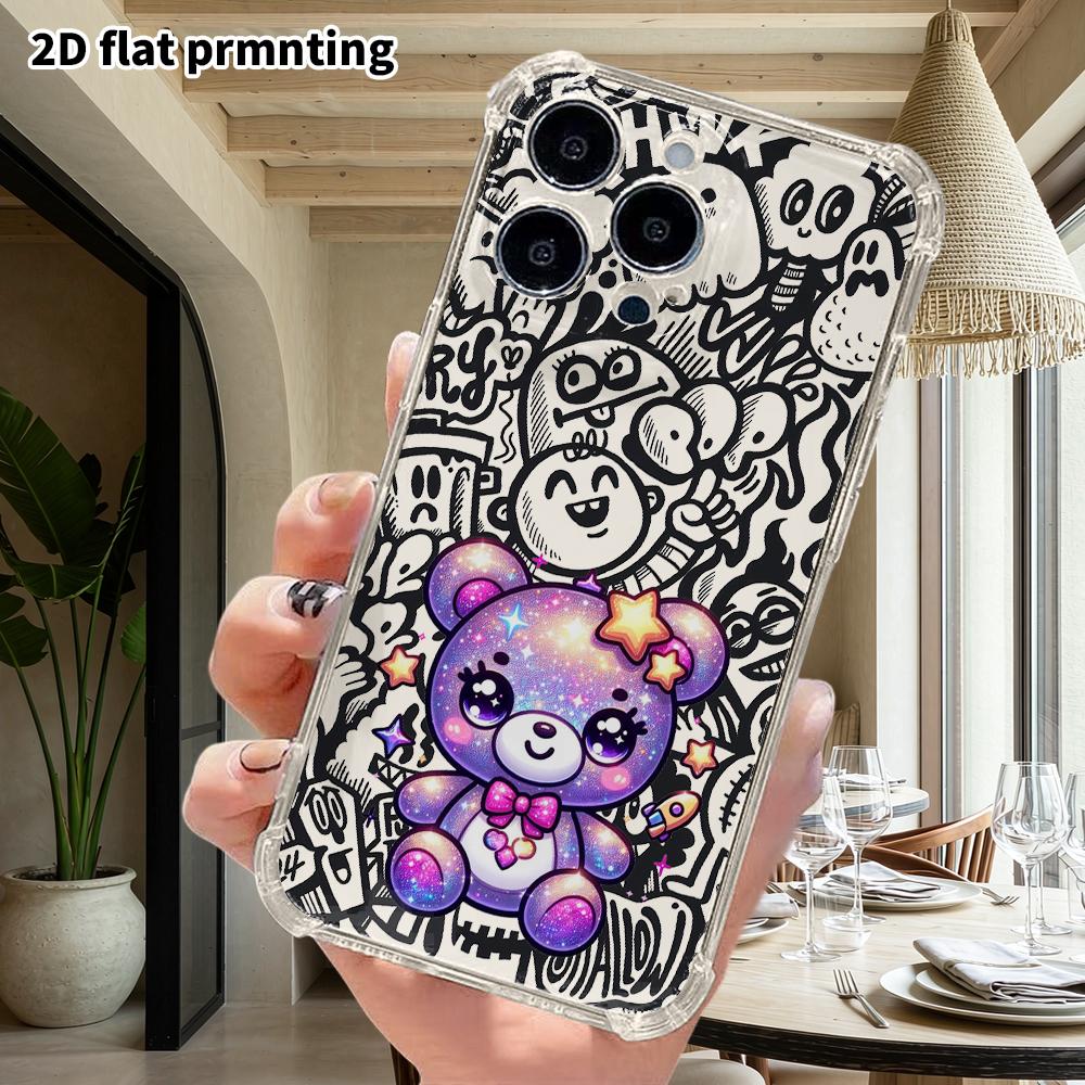 Phone Case: 2D Flat Suitable for iPhone 18 17 16 15 14 13 Pro, Transparent Four Corner Protective Case, Purple Glitter Little Bear, Christmas and Hall