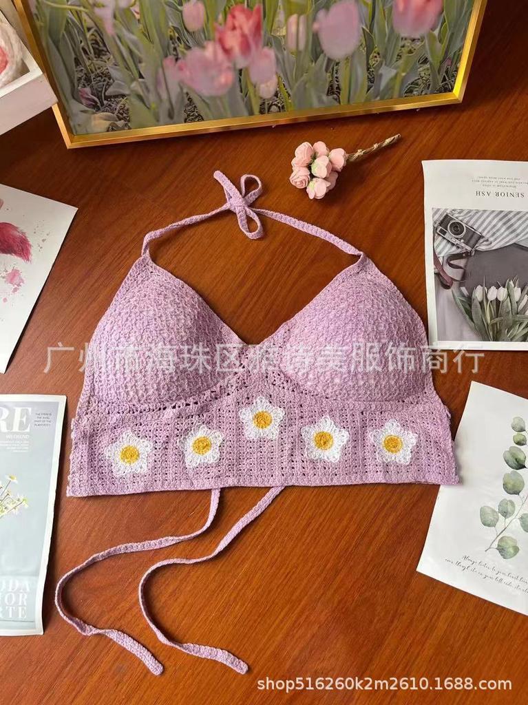 New fashionable and sexy tube top with small suspenders for women's summer seaside beach lace-up hollow knitted neck top