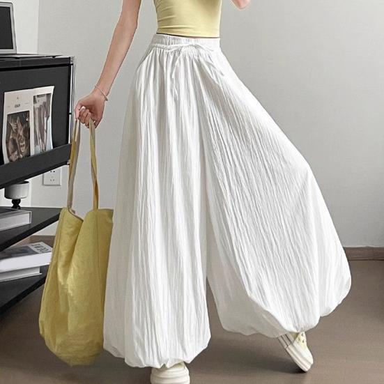 Women Pants Elastic Waistband Adjustable Drawstring Wide Leg Bud Skirt Pants with Pockets Pure Color Loose Fit Summer Pants Daily Wear