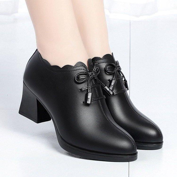 2025 autumn new deep mouth single shoes women's mother shoes soft sole thick heel women's shoes bow women's middle heel leather shoes