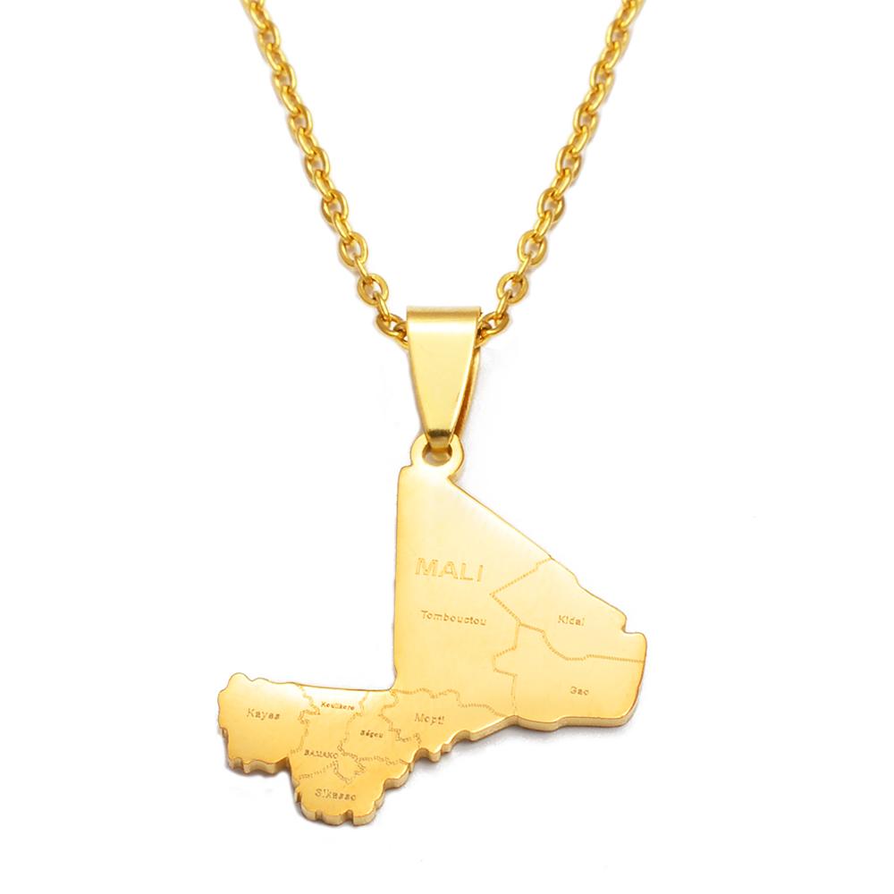 Anniyo Mali Map With Cities Pendant Necklaces Ethnic Jewelry Stainless Steel the Republic of Mali #312921 45cm or 17.7 Inches
