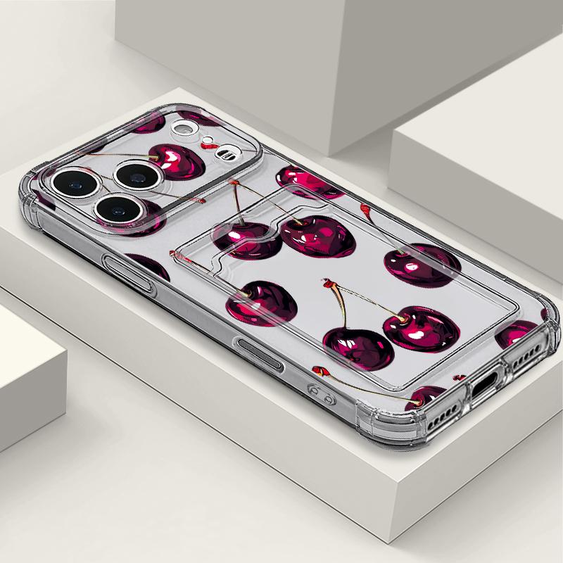 Card Slot Pocket TPU Case For iPhone 17 16 Pro 15 14 13 Pro Max 11 Shockproof Cartoon Fruits Pattern Soft Silicone Phone Cover