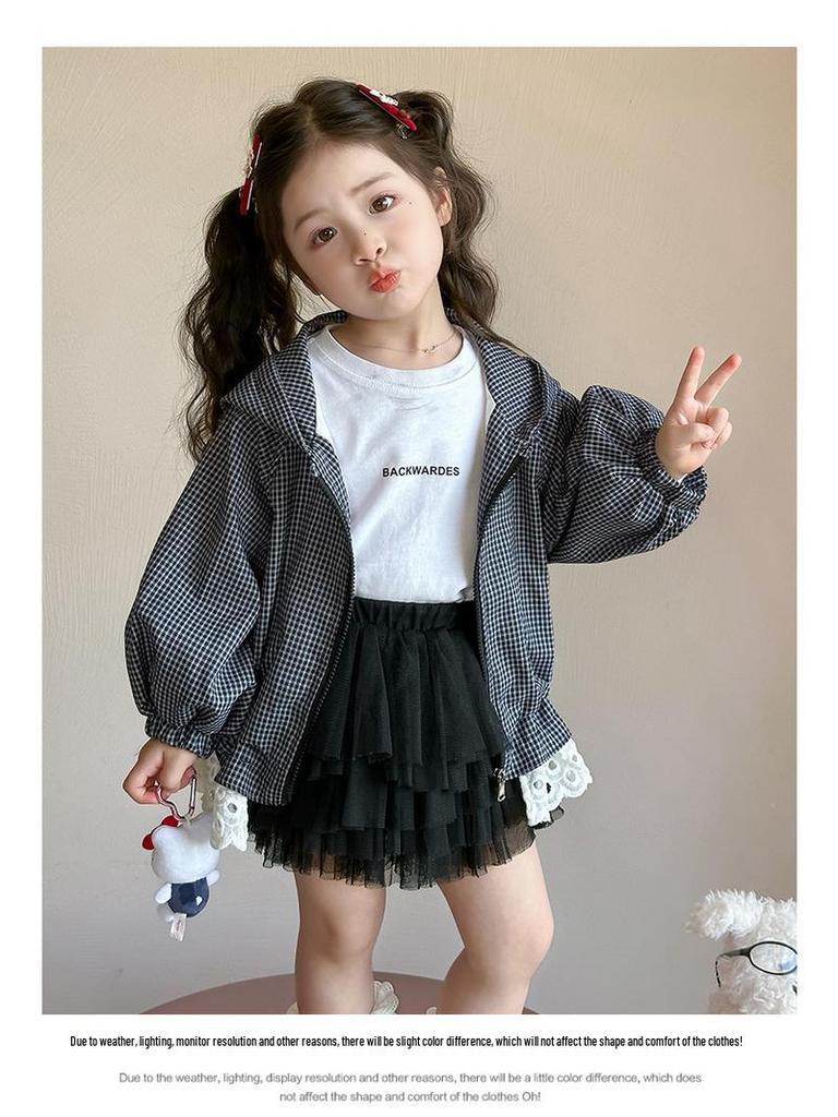 Girls' Plaid Lace Trim Hooded Jacket - Fall 2025 Korean Style