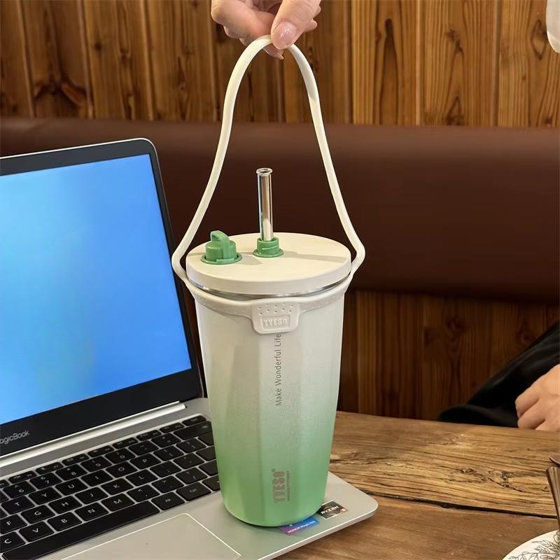 Stainless Steel Coffee Cups Vacuum Insulated Mugs Portable Large Capacity Ice Bar Thermal Cup with Silicone Rope Straw Water Cup