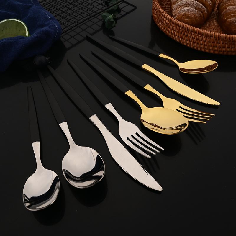 24Pcs Mirror Black Flatware Set Stainless Steel Dinner Knife Fork Coffee Spoon Cutlery Set Kitchen Tableware Dinnerware Set