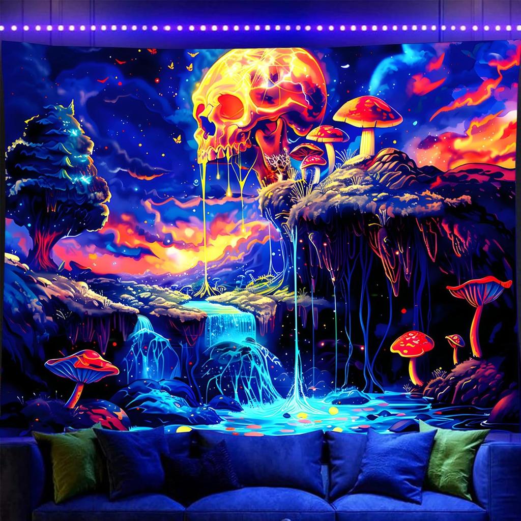 Onivein Blacklight Skull Forest Tapestry UV Reactive Skeleton Mushroom Waterfall Tree Tapestries Wall Hanging Aesthetic Tapestry for Bedroom Dorm