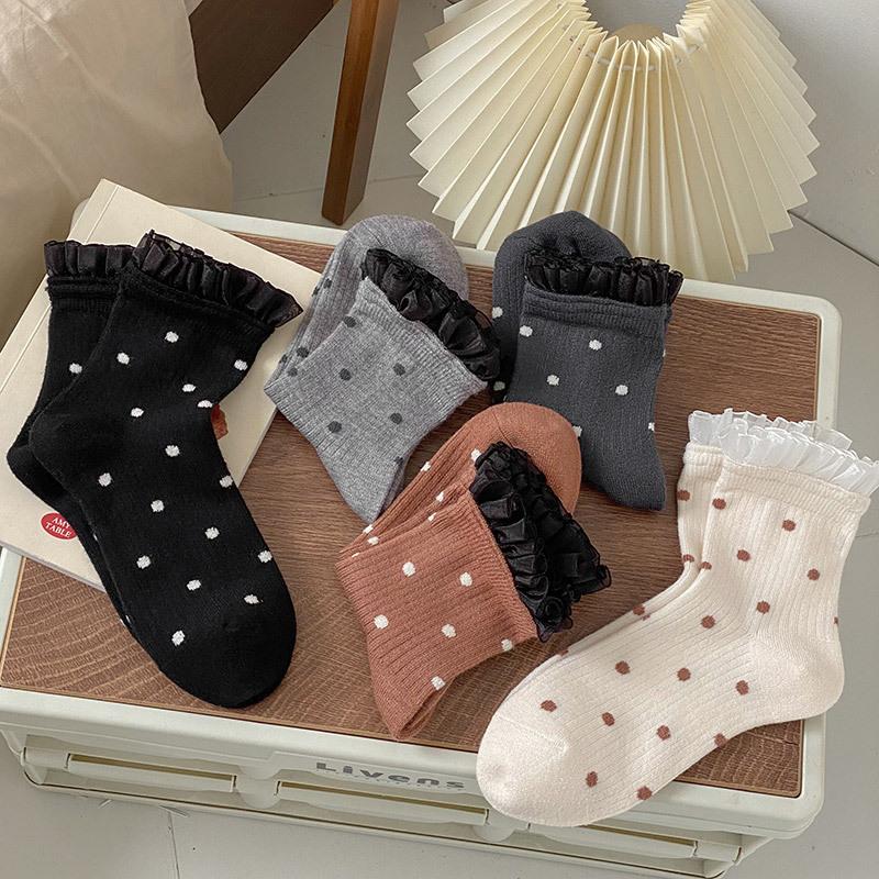 24 Autumn And Winter Mesh Lace Socks Children'S Japanese Retro Polka Dot Fashion Medium Tube Women'S Socks Short Women'S Socks