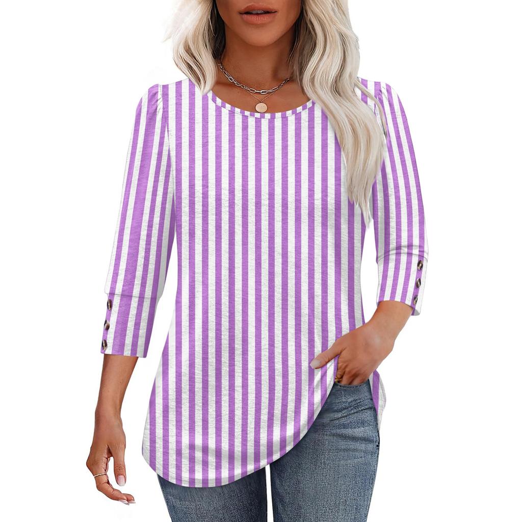 Women Casual Loose Fit Round Neck Three Quarter Sleeve Striped Blouse Button Detail Lightweight Top for Everyday Wear