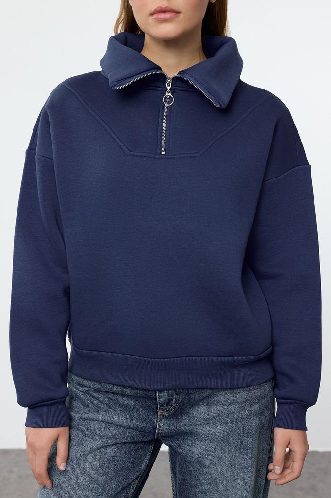 Women's Fashionable Stylish Sweatshirt Indigo Thick Inside Fleece Zippered Oversize Wide Fit Knitted Sweatshirt