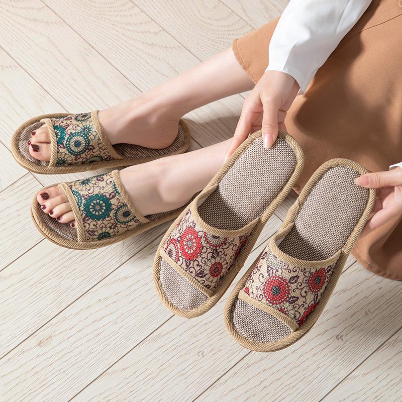Retro Floral Open-Toe Linen Slippers for All Seasons