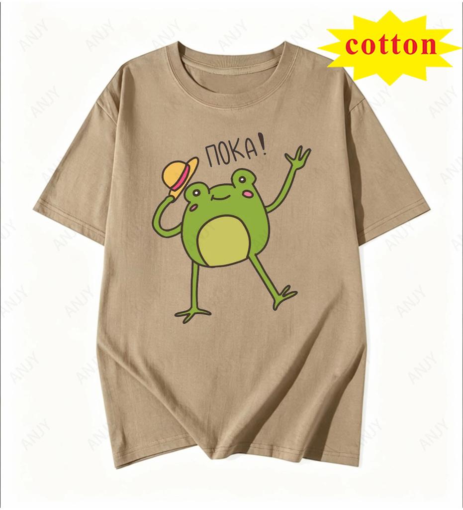 American Cartoon Tattered Frog Print Tshirt With Quirky Emotional Style Casual Short Sleeved Summer Top