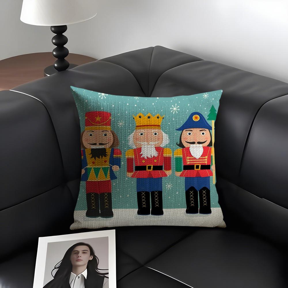 Nutcracker Soldier Christmas Cushion Cover Natural Linen Organic Fabric DoubleSided Printing Sofa Home Decor Gift Pillow Case