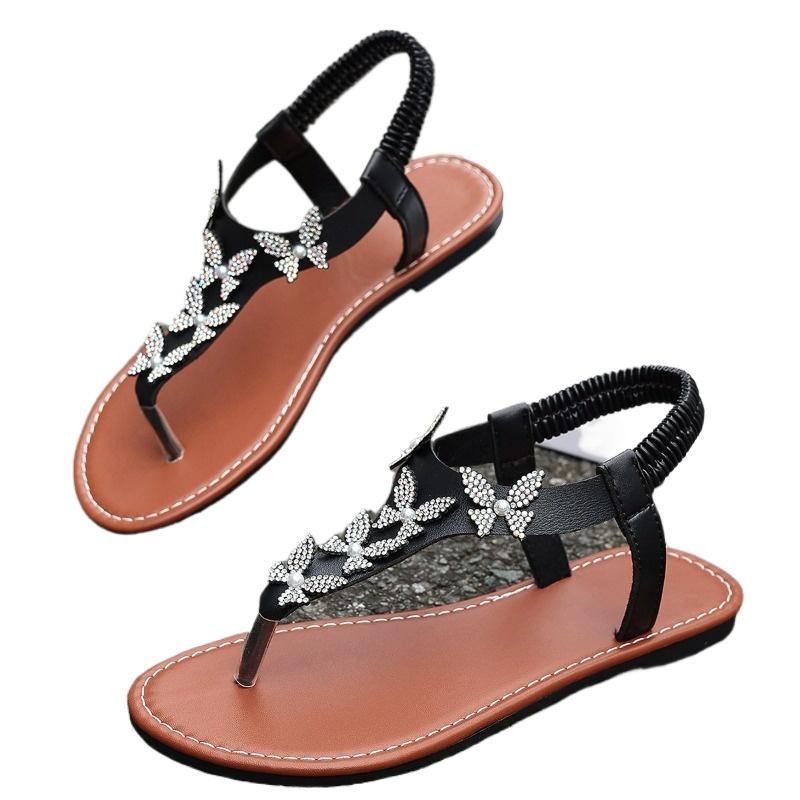2024 New Summer Women's Shoes Fashionable Open Toe Solid Color Large Size Bow Decorated Flat Bottom Beach Slippers for Women