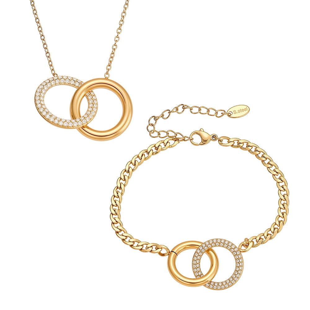 Simple Double Ring Pendant Stainless Steel Necklace Waterproof 18K Gold Plated Adjustable Cuban Bracelet Jewelry Set