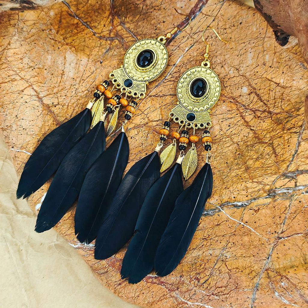 Retro ethnic style woven feathers long fringed earrings, bohemian high-end hollow rice bead earrings