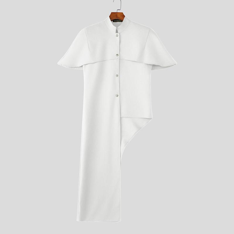 INCERUN Men Stand Neck Short Sleeve Buttons Side Splits Irregular Shirts Tops