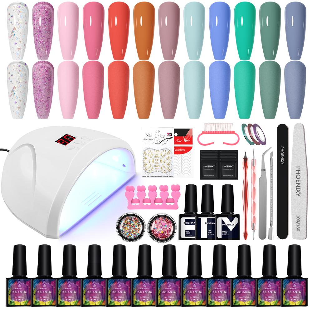 PHOENIXY 12 Colours Nail Gel Set with 36W UV LED Nail Lamp for Nail Polish Set Semi-permanent Soak Off UV Gel Nail Art DIY Kit Starter Set