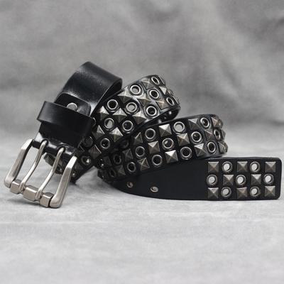 Unisex Punk Ösen Nieten Echtleder Gürtel mit Doppeldornschließe