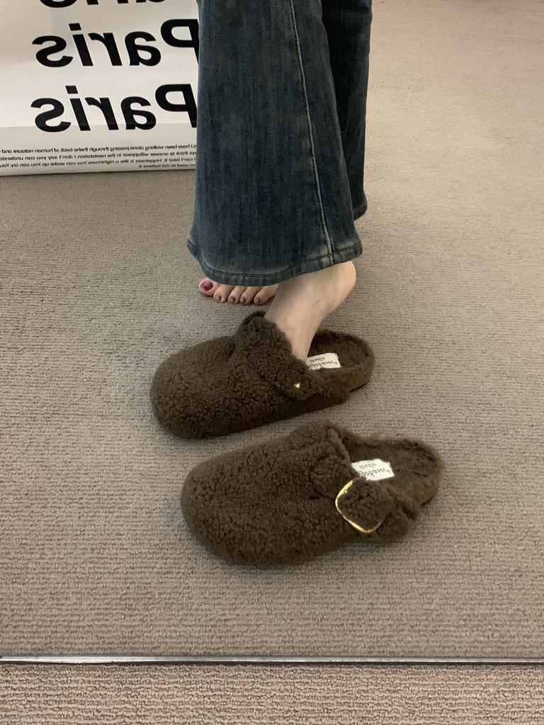 Thick-soled Sheep Curly Wool Plush Bag Head Half Slippers Women's Outer Wear 2025 Winter New Cork Wool Slippers One Pedal