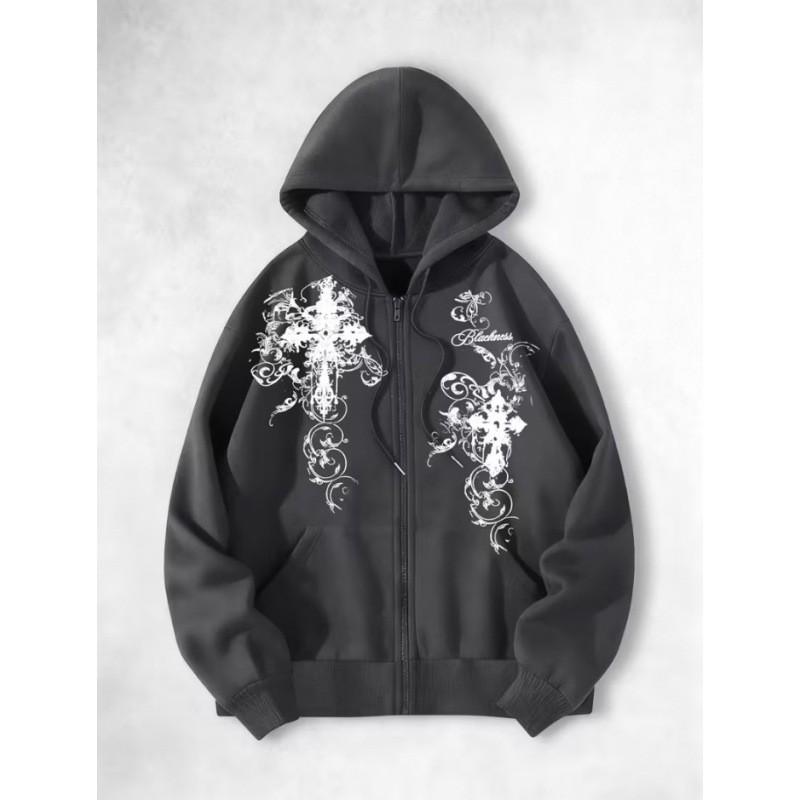 Gotický Kříž Sanskrtský Potisk Volná Mikina na Zip Pánská Ležérní Streetwear