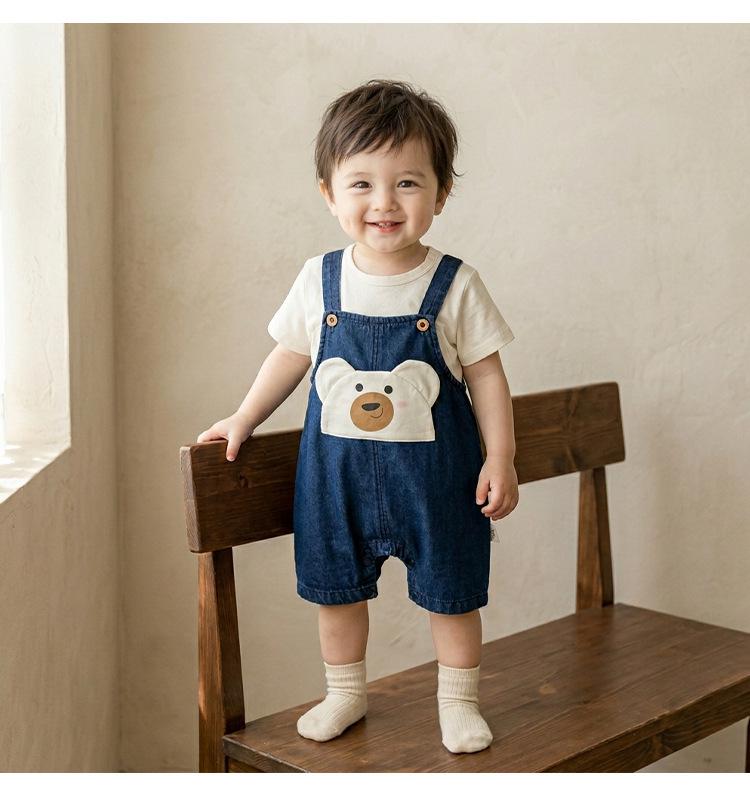 Toddler Boys' Cartoon Denim Overalls & T-Shirt Set - Casual Summer Wear