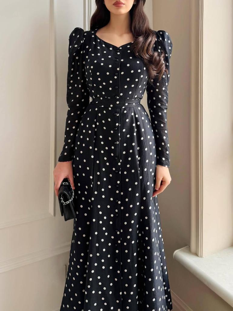 2026 Spring/Summer European and American Slimming V-neck Polka Dot Dress with Long Sleeves
