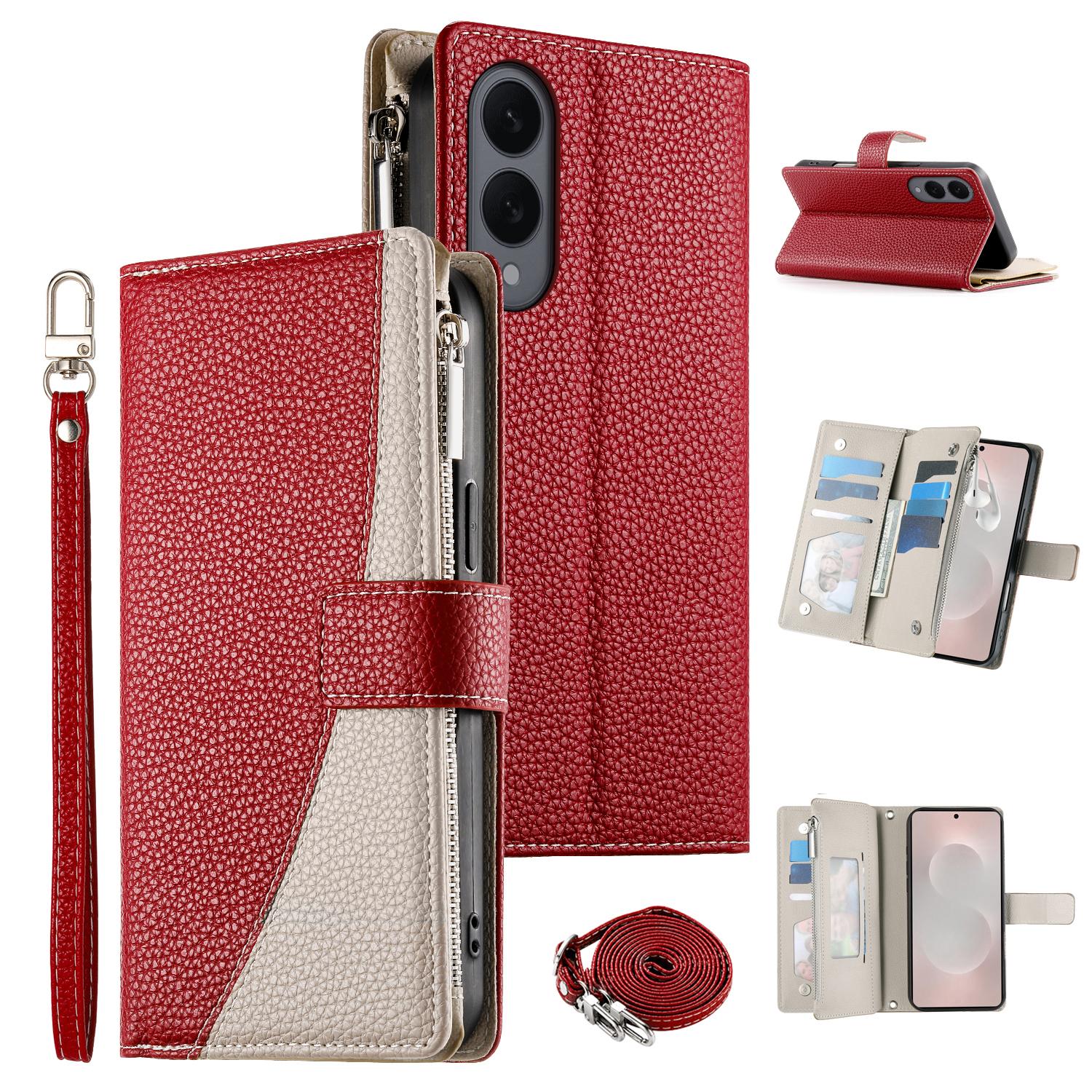 

For Samsung Galaxy S25 Edge Case Zipper Wallet Color Splicing Leather Flip Phone Cover with Straps Red