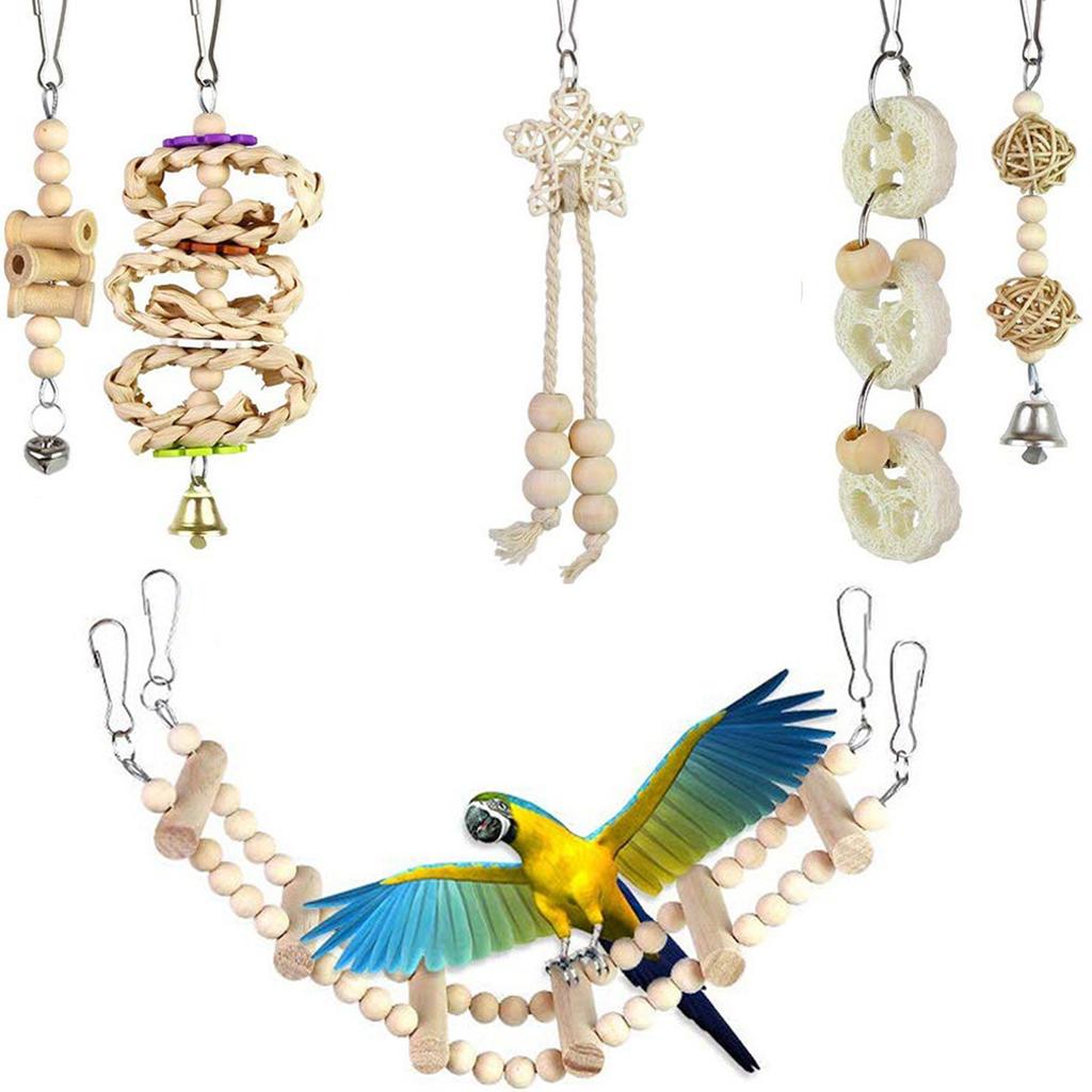 8 Pieces Parrot Chewing Toys Bird Toys Wooden Swing Soft Ladder Ladder Wooden Beads Rotating Stairs for Cockatiel,