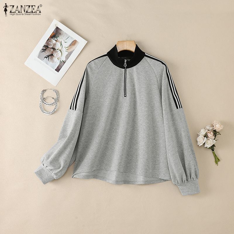 ZANZEA Women Casual Stand Collar Splice Long Sleeve Blouse Tops