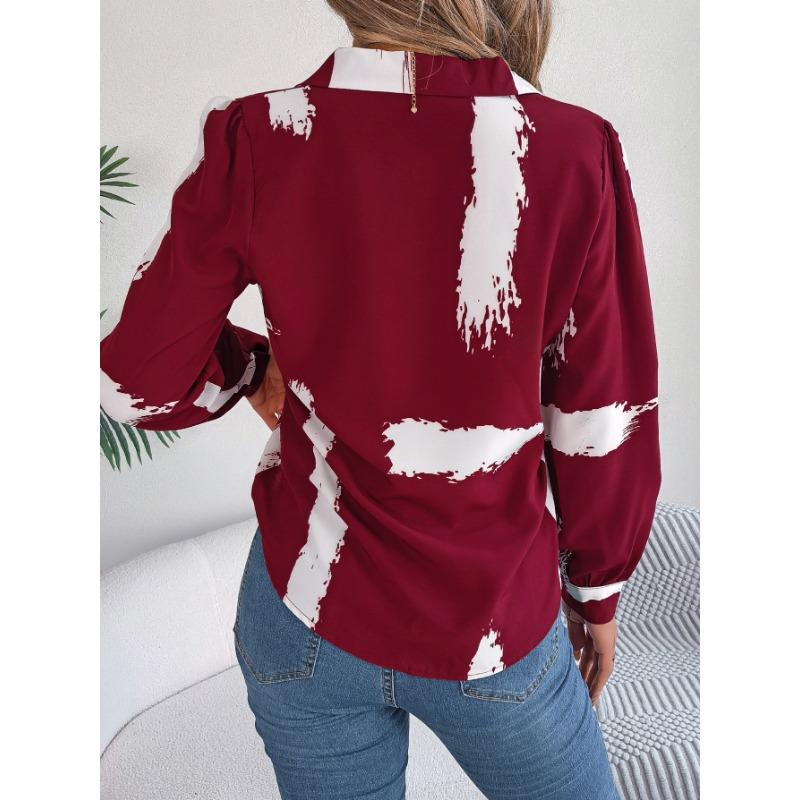 Women Brush Print Button Down Notch Lapel Blouse S кларет