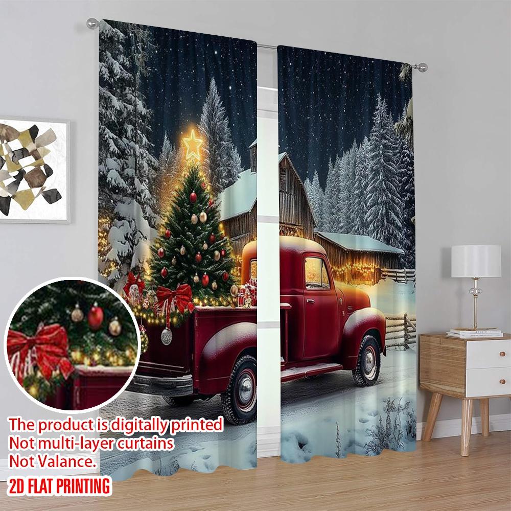 2pcs 2D flat printing Merry Christmas Popular Window Drapes Snow scene red truck Christmas Versatile 100% Polyester Without