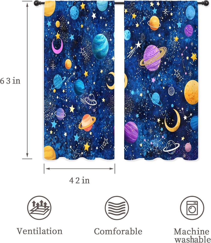 Galaxy Sky Star Curtains Blue Starry Shining Night Outer Space Cosmic Celestial Universe Planets Rod Pocket Boys Fantasy Bedroom