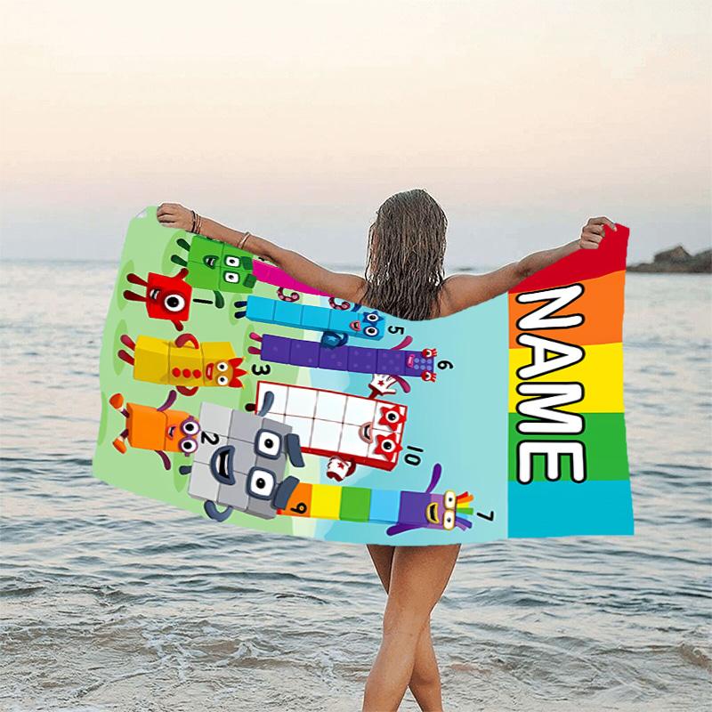 1pc 3D-Number-Blocks-Cartoon Beach Towel with Custom Name, Beach/Swimming/Bath/Picnic/Camping Towel, Suitable for Seaside Beaches