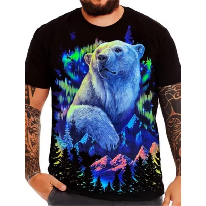 Hübsches T-Shirt für Herren mit Eisbär-Print, neues Sommer-Casual-T-Shirt für Herren im Freien, kurzärmelig, Blitzmuster, bequemes Streetwear-Oberteil