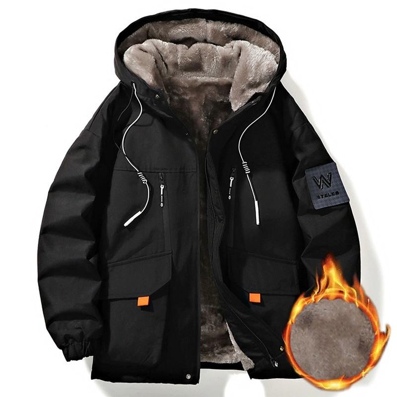 Winter Thickened Fleece Lined Jacket Men's Loose Warm Cotton Coat Youth Outerwear Hooded Casual Long Sleeve Zipper Closure Coat