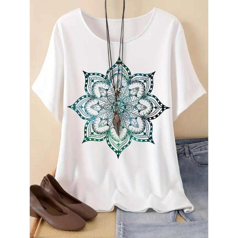 Summer Round Neck 3D Retro Ethnic Style Printed Top Fashionable Casual Short Sleeved Women's Plus SizeT-shirts