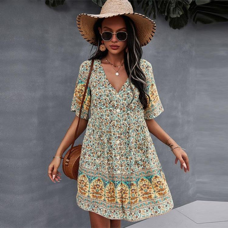 Women Casual Sexy Bohemian V Neck Short Sleeve Print Short Dress Spring Summer Beige Green Navy Blue S M L XL