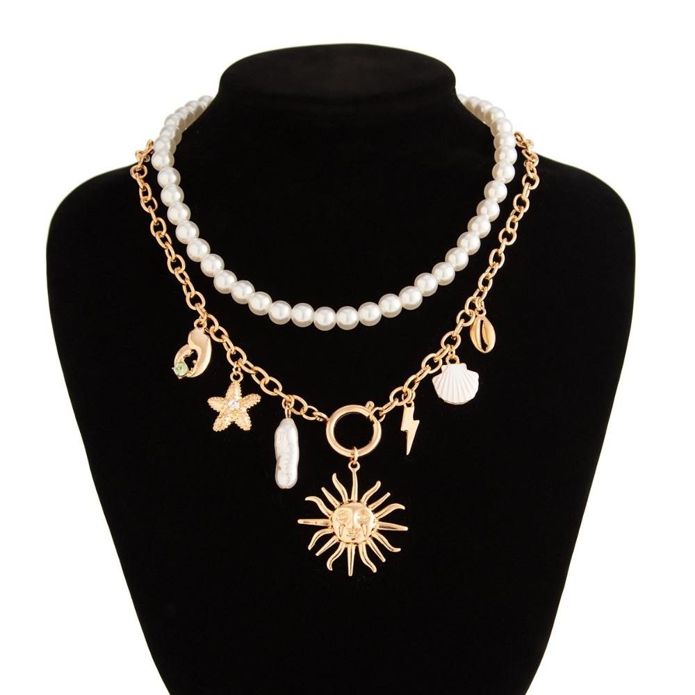 Starfish Shells Bohemia  Pendant Necklace Pearl Clavicle Chain Women  Summer