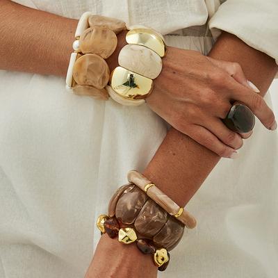 Vintage Maillard Smudge Resin Elastic Bracelet, Fashionable Geometric Curved Splicing Beaded Bracelet.