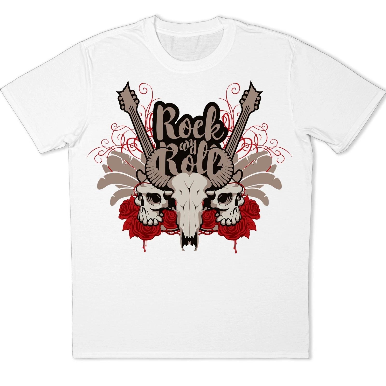 Rock N Roll Bull Skull Guitar Graphic T-Shirt Rose Music Tee Western Biker Rebel M