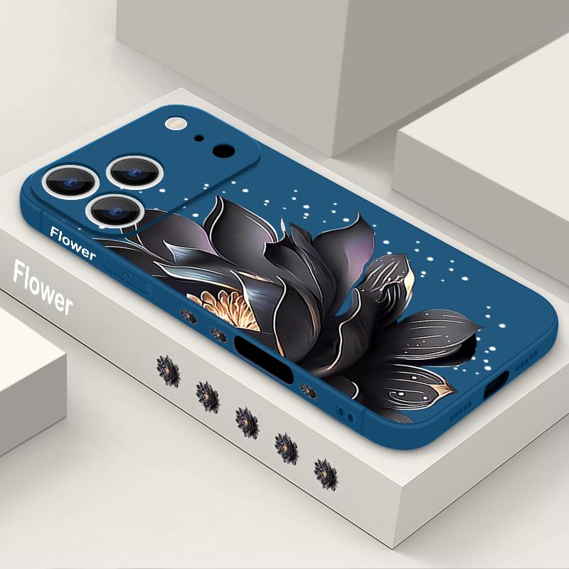 Black Rose Lotus Print Case For iPhone 17 Pro Case for iPhone 17 16 15 14 13 17 Pro Max 16e 15 16 Plus Shockproof TPU Silicone Lanyard Phone Cover