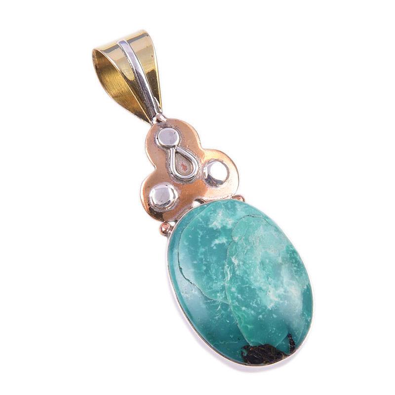 Natural Tibetan Turquoise Gemstone 925 Solid Silver Two Tone Pendant 1.75" Y8t50