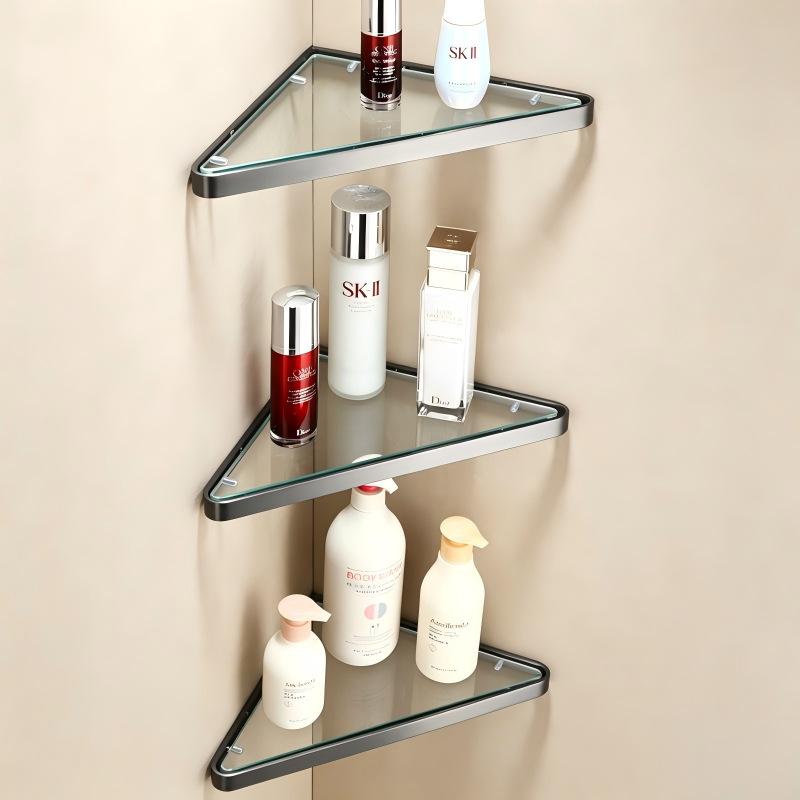 304 Stainless Steel Gunmetal Gray Corner Bathroom Glass Shelf