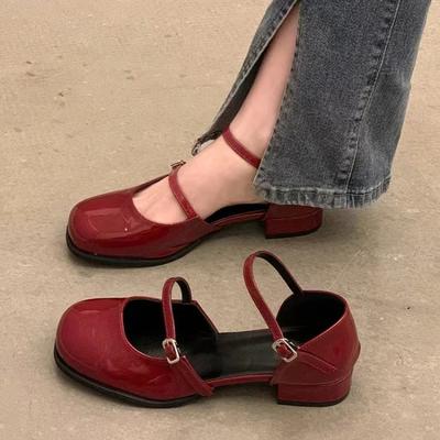 Jaunas Mary Jane kurpes ar sprādzi, augstpapēžu kurpes, sieviešu biezi papēži, elegantas, seklas, kvadrātveida purngalu, sieviešu biroja ādas kurpes