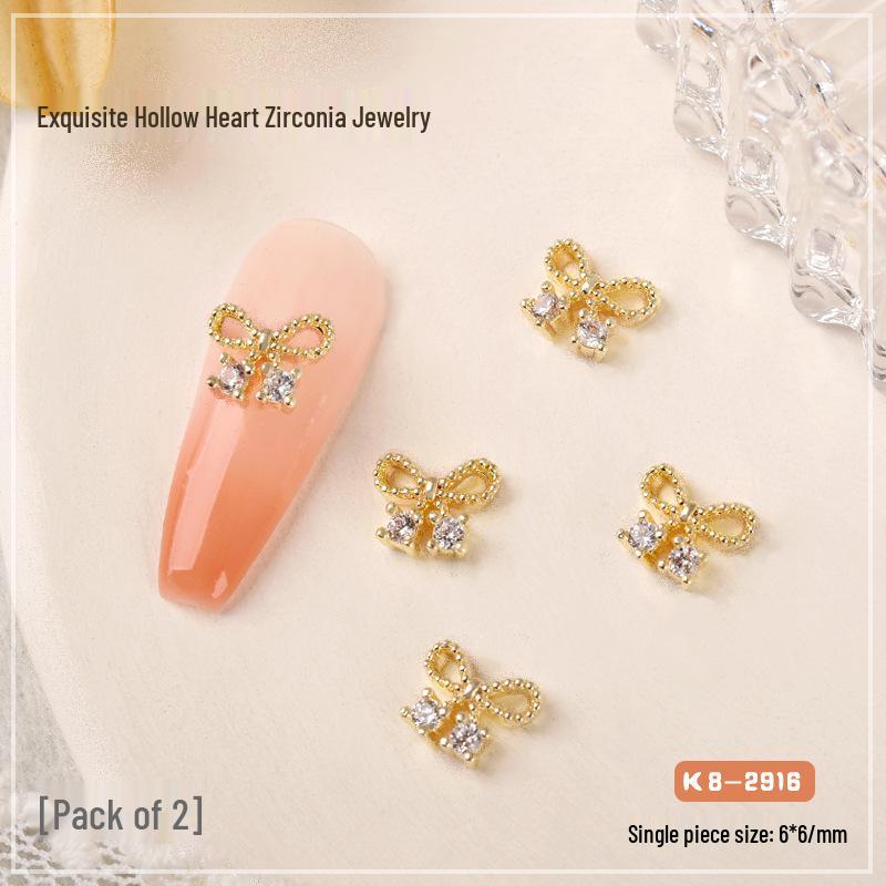 Two-Piece Luxury Nail Art Set: Bow, Heart, Zircon Decor, 3D Star Drills