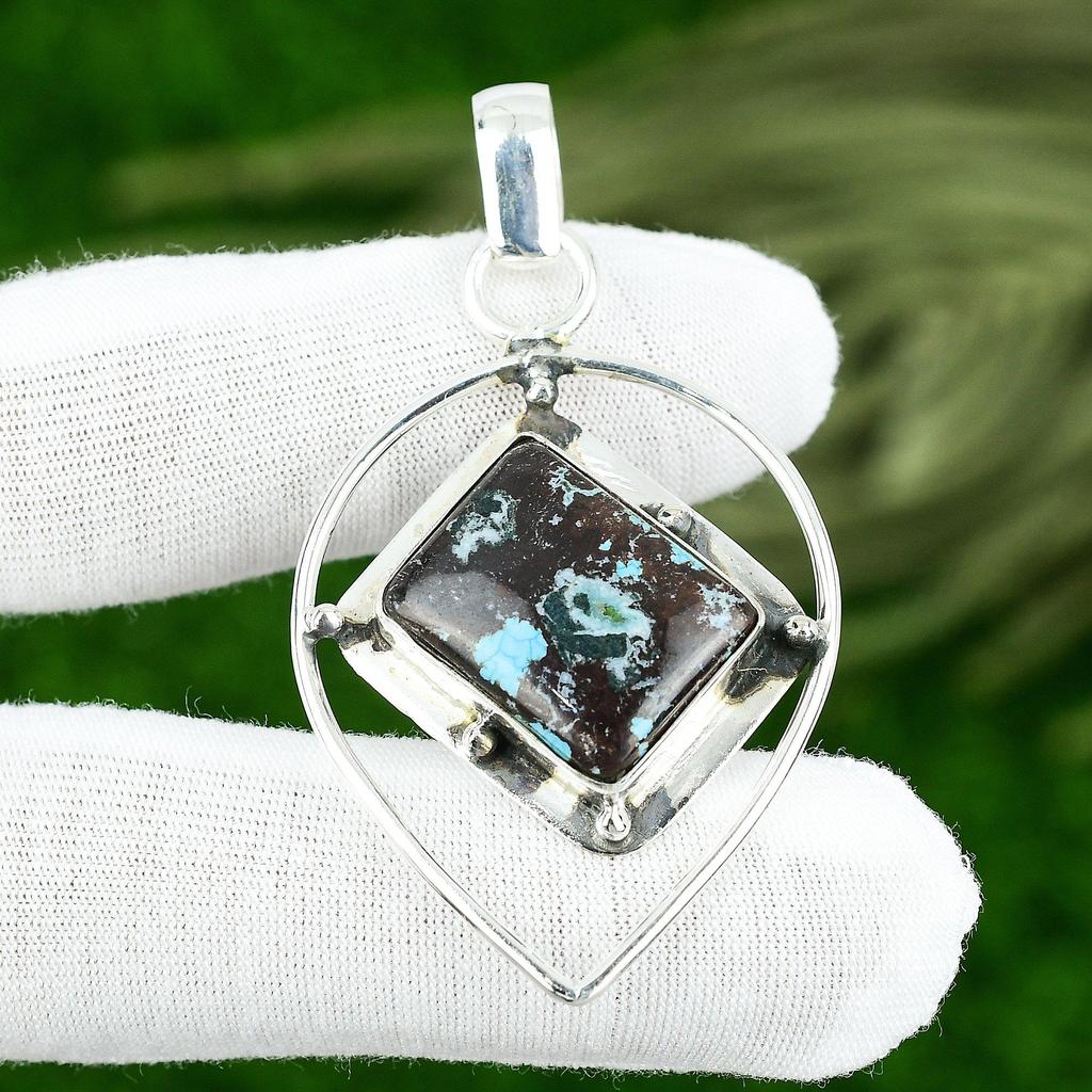 Rectangle Tibetan Turquoise Stone Artisan Wedding Bezel Pendant Sterling Silver