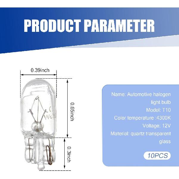 10 PCS T10 Halogen Bulbs, Dashboard Instrument Light, Side Light Replacement Bulbs, Universal for Most Cars (White)