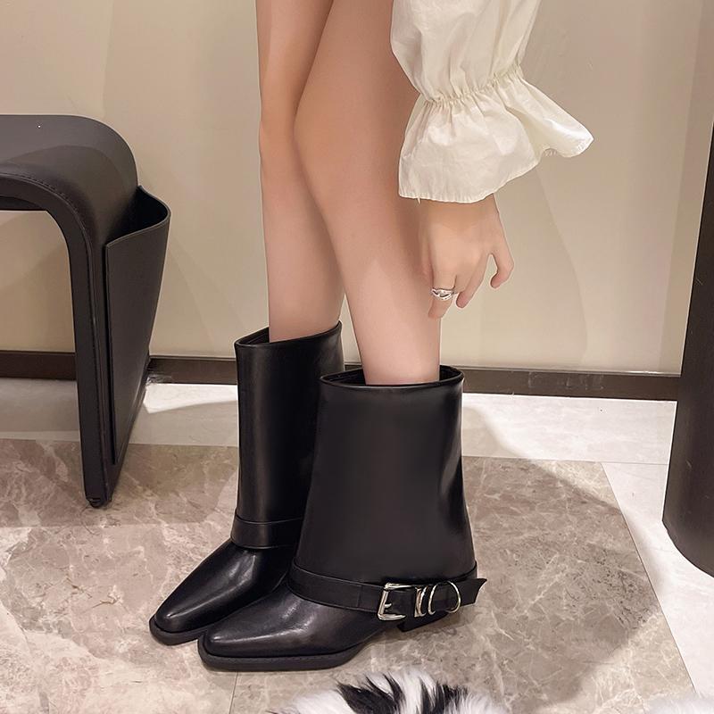 Fashion 2025 New Women's Fashionable and Versatile Chunky Single Boots New Pointed Head Sleeve Belt Buckle Comfortable Low Heel Boots