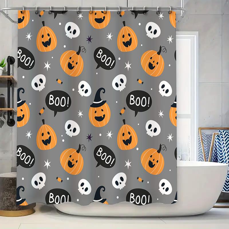 

Halloween-Themed Bathroom Curtains Featuring Pumpkins, Skulls, And Ghost Faces Waterproof Fabric Suitable For Use In Bathtubs Or W60H190(CM)-1 Pcs