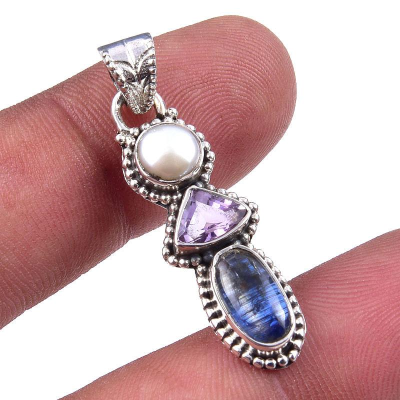 

Подвеска из чистого серебра 925 пробы с натуральным кианитом и розовым аметистом 1,50 дюйма c7N85